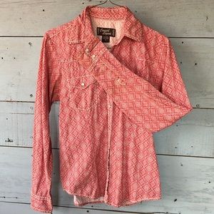 Women’s small, Cowgirl Legend, geoprint, pearl snap long sleeve shirt.